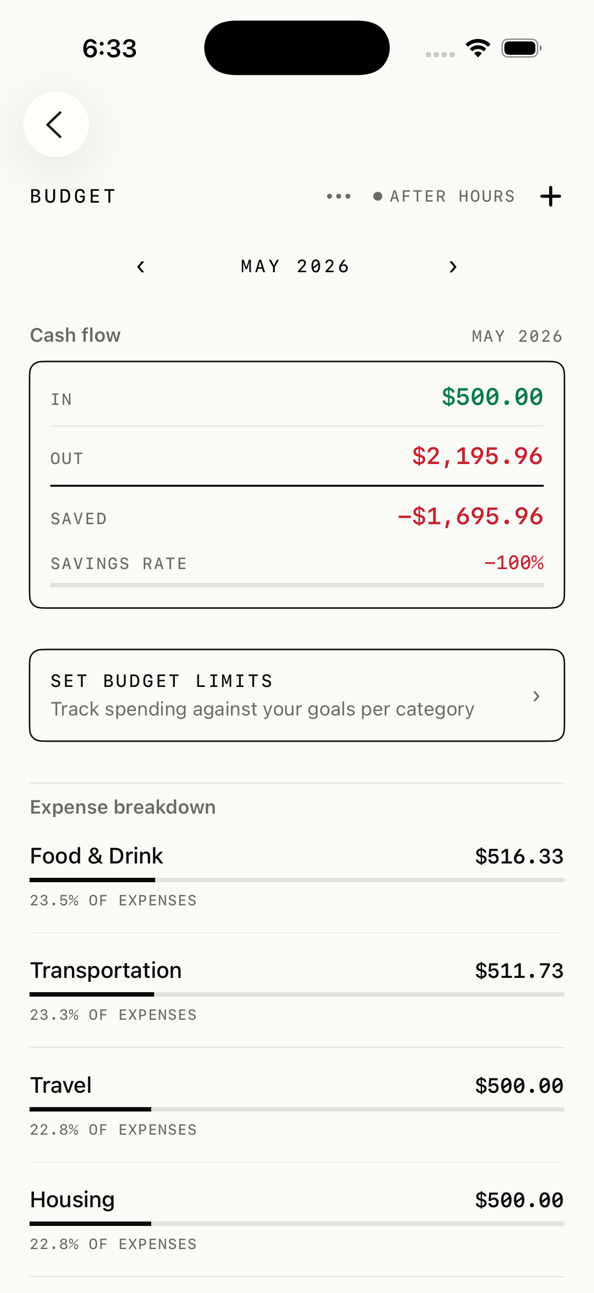 The Zen app budget screen — net cash flow, money in and out, and spending by category