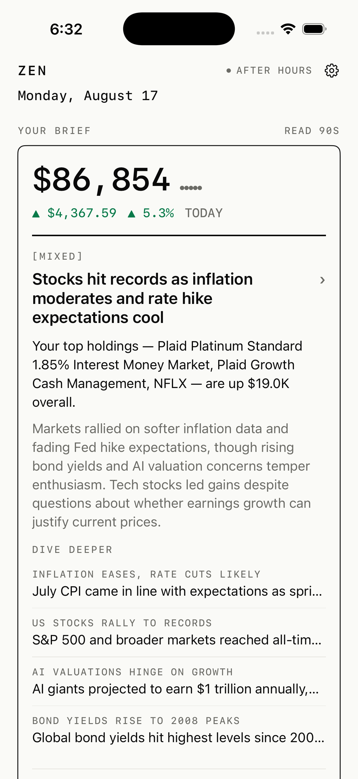 The Zen app news feed — stories matched to the assets in your portfolio